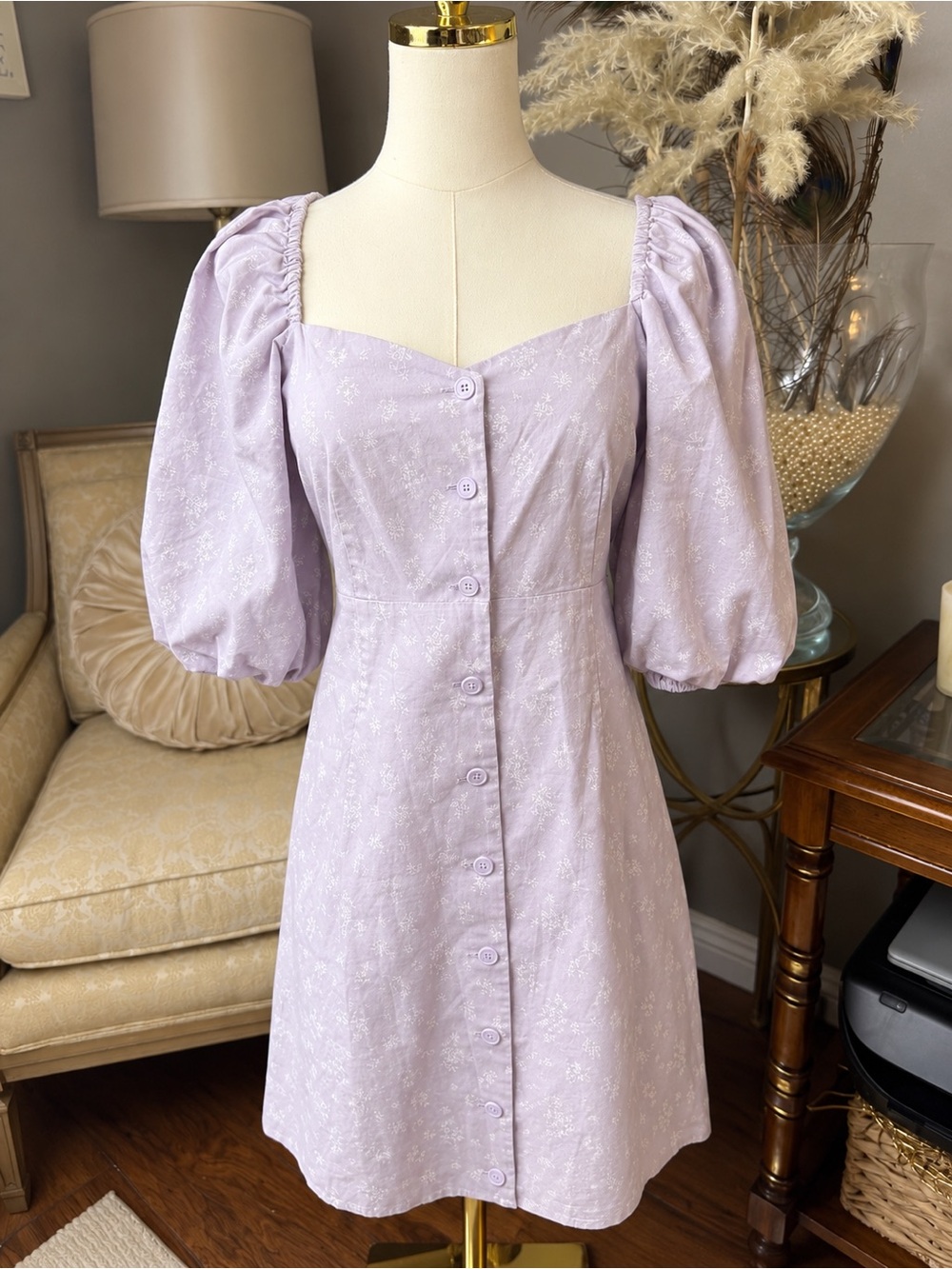 OAK + FORT Lavender Floral Puff-Sleeve Smocked Back Dress